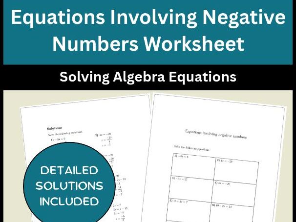 Equations Involving Negative Numbers Worksheet | Solving Algebra Equations