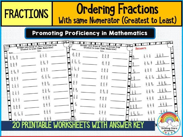 Ordering Fractions (Greatest to Least) with Same Numerators Worksheets | Printable Fractions Practic