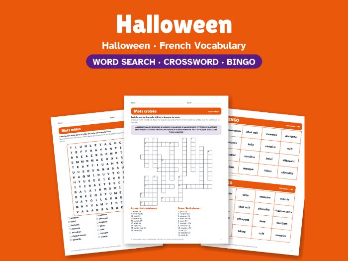 Halloween in French: Word Search, Crossword & Bingo