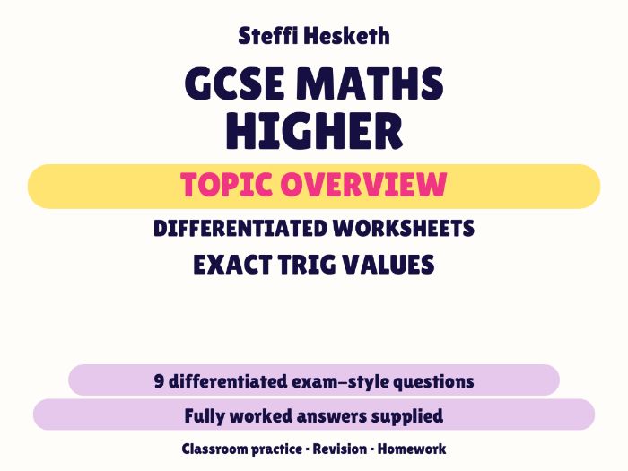 GCSE Higher Exact Trig Values | Topic Overview Differentiated Worksheet
