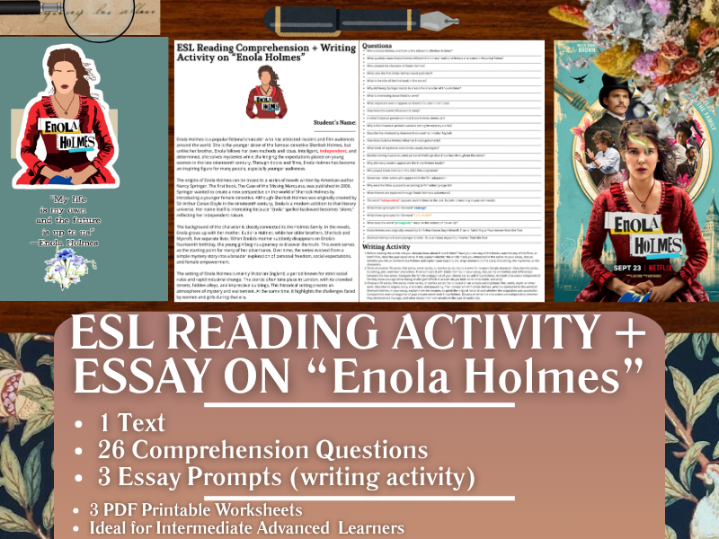 ESL Reading Comprehension + Writing Activity Worksheets on Enola Holmes