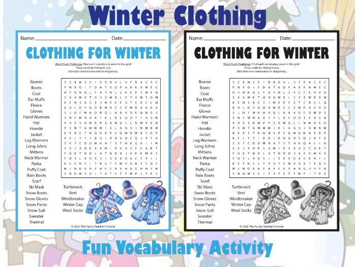 Winter Clothing Word Search | Fun Vocabulary Activity for Grades 2–5 | Printable