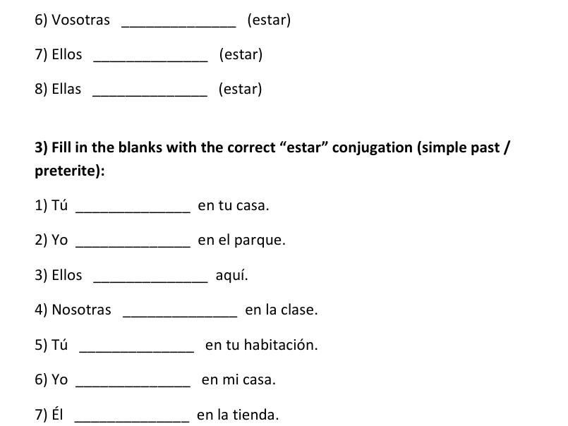 ESTAR Simple Past Tense Conjugation Worksheets