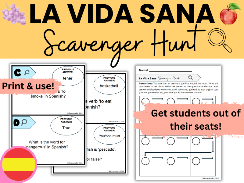 Spanish La Vida Sana / Healthy Living Scavenger Hunt Classroom Activity