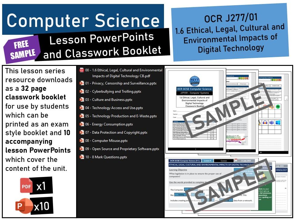 OCR GCSE Computer Science (J277) 1.6 Ethical, Legal, Cultural and Environment Impacts of Digital Tec