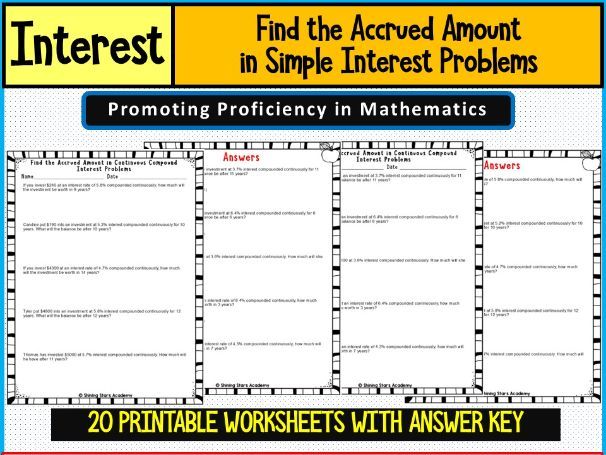 Find the Accrued amount in the Simple Interest Problems Worksheets Math