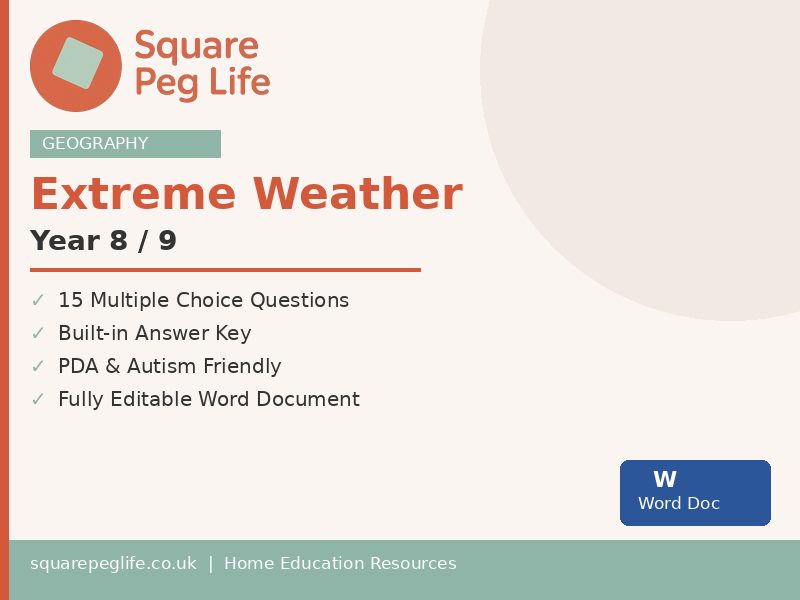 Geography Extreme Weather Year 8/9 PDA Friendly Printable Worksheet