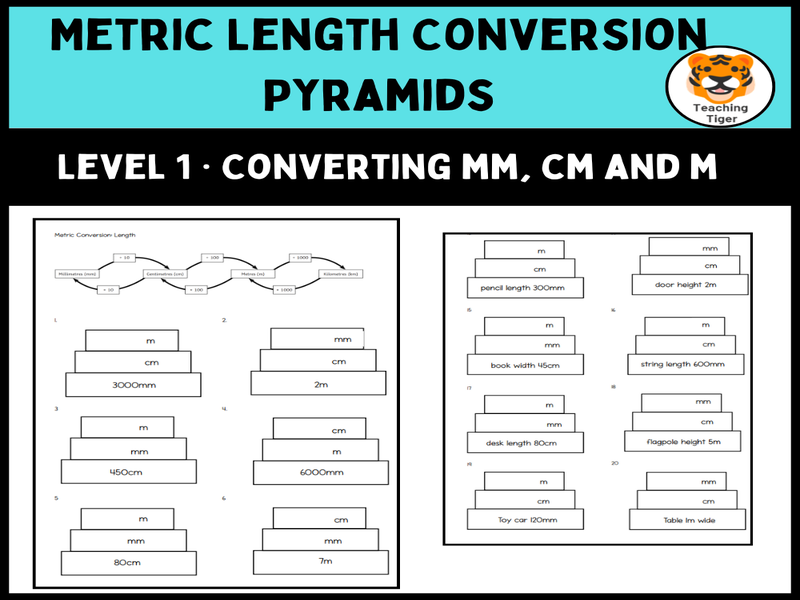 Metric Length Conversion Pyramids – Level 1 Word Problems (mm cm m)