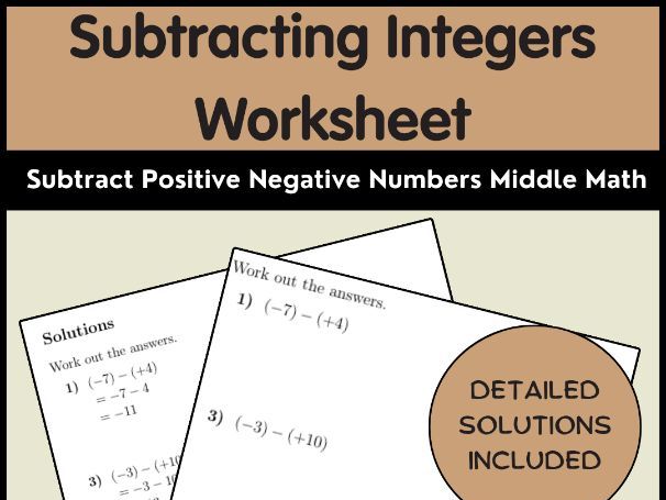 Subtracting Integers Worksheet Subtract Positive Negative Numbers Middle Math