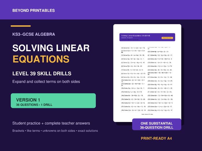 Solving Linear Equations | Expand and Collect Both Sides | Level 39 Skill Drill | Version 1