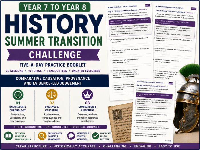 Year 7 to Year 8 History Summer Transition Booklet – Challenge | 30 Sessions with Answers