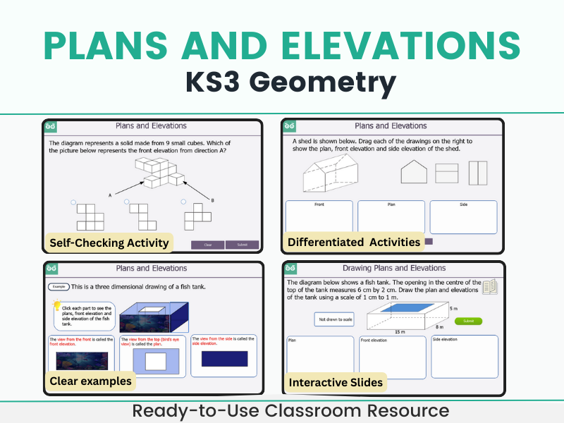 Plans and Elevations KS3 Interactive Maths Lesson with Self-Marking Activities
