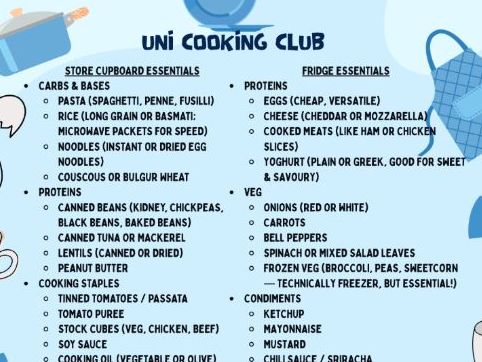 Uni Cooking Club recipe cards and sign-up sheets
