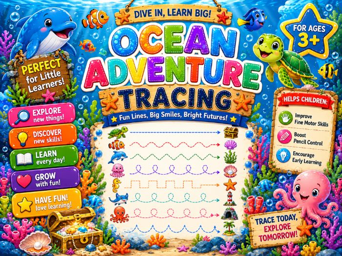 Ocean Adventure Tracing Worksheets | Pre-Writing Lines & Fine Motor Skills | Preschool–Grade 1