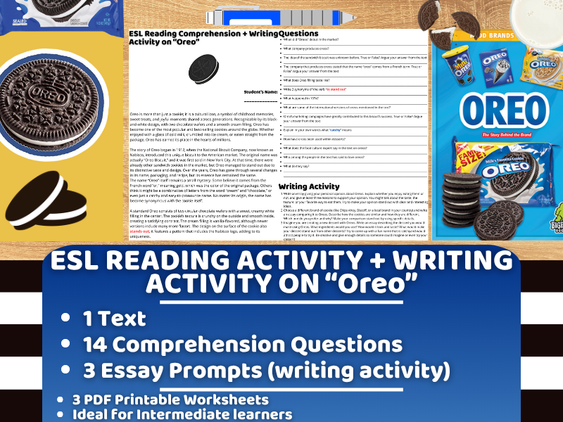 ESL Reading Comprehension   Writing Activity Worksheets on quot Oreo