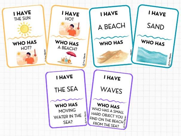 I Have Who Has Summer Vocabulary Game | ESL Speaking and Listening Activity | Beach and Holiday