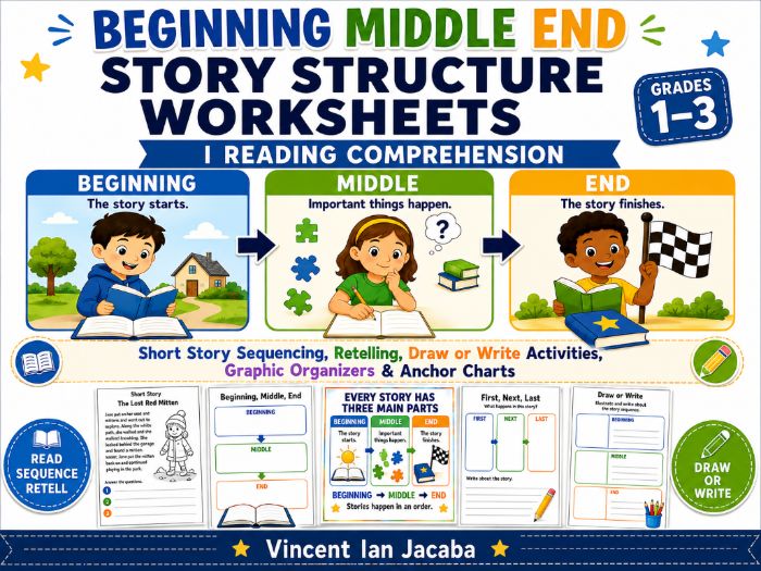 Beginning, Middle & End Story Structure Worksheets Grades 1–3 | Reading Comprehension & Sequencing