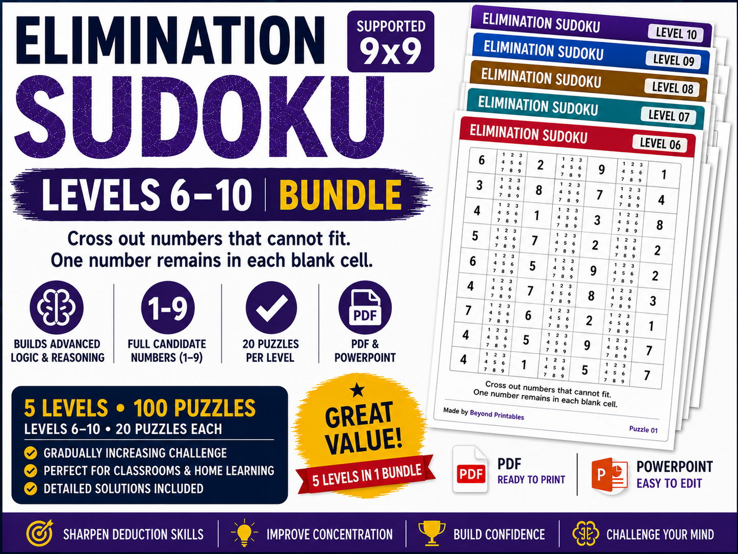 Elimination Sudoku Levels 6–10 Bundle | 50 Versions | 1,000 Advanced 9×9 Puzzles