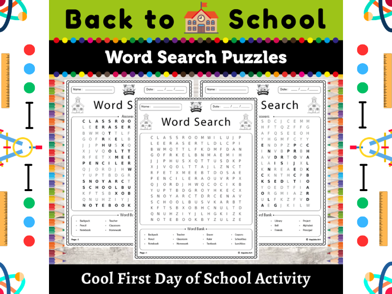Back to School Word Search : First Day Word Search Puzzle Worksheets Activity