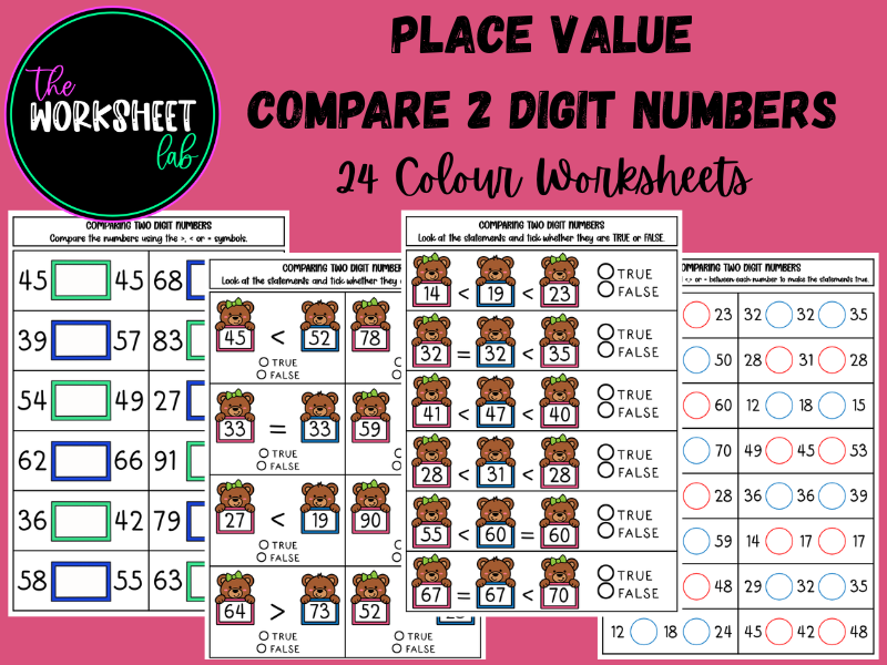 Place Value - Comparing 2 Digit Numbers Worksheets in Colour