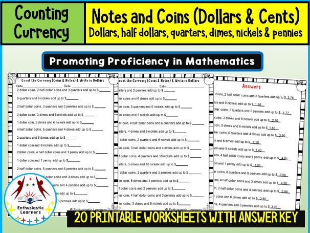 Counting U.S. Currency – Notes and Coins Worksheets (Dollars & Cents) Math Problems