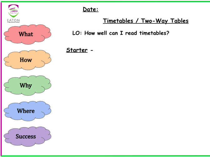 Primary - Timetables / Two-Way Tables