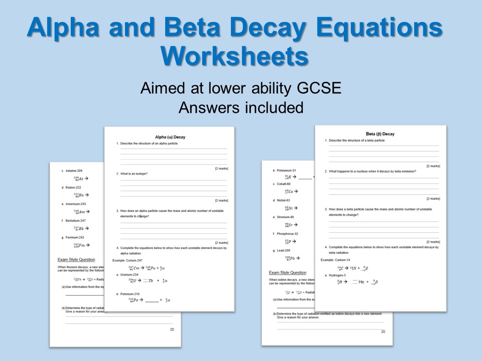 Radioactive Decay Equations Worksheets