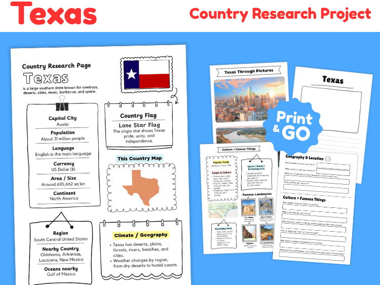 Texas State Research Project | US Geography & State Study Worksheets