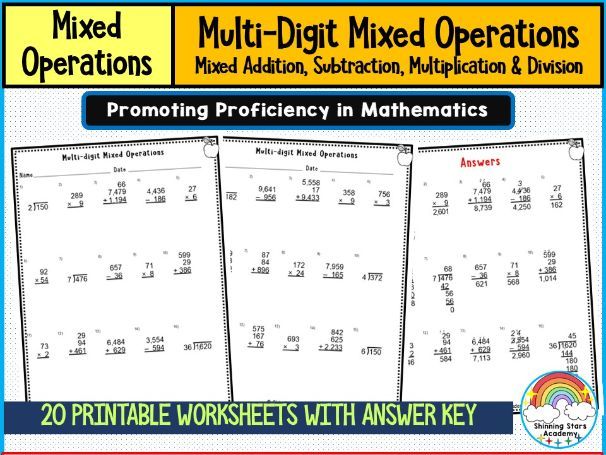 Multi-Digit Mixed Operations – Addition, Subtraction, Multiplication & Division Worksheets Comprehen