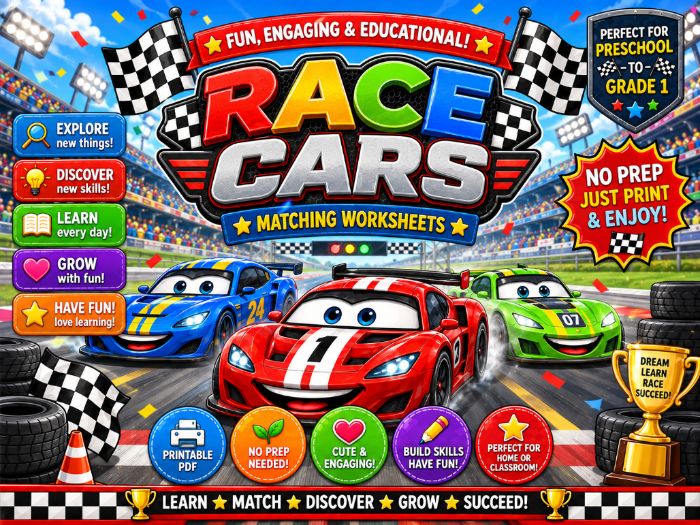 Race Car Matching Worksheets | Picture, Numbers, Letters, Shapes & Colors | Preschool–Grade 1