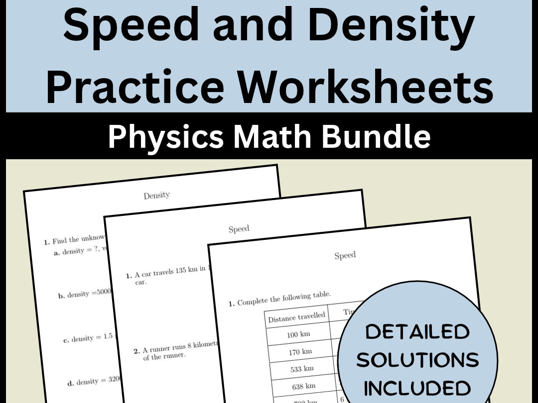 Speed and Density Practice Worksheets Word Problems Physics Math Bundle