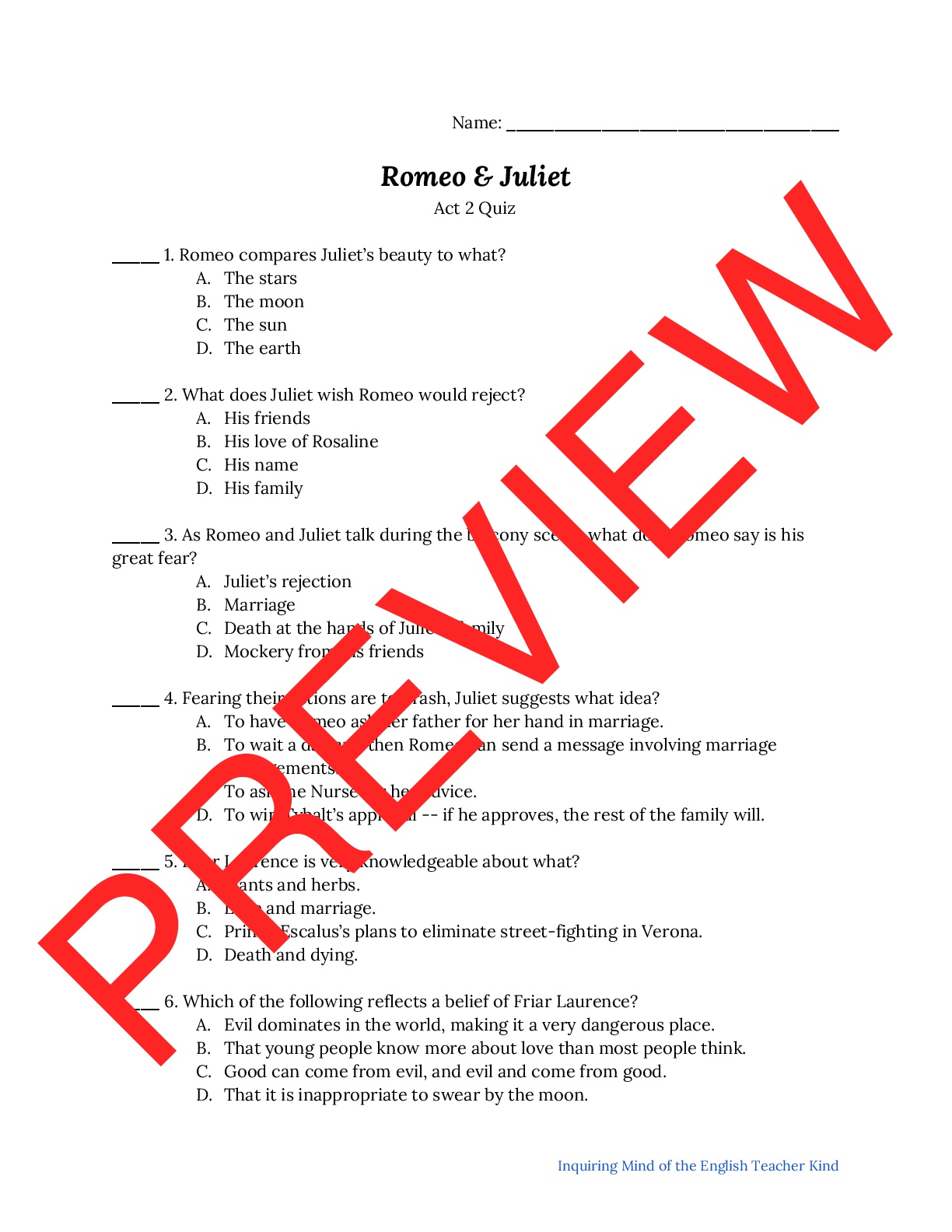 Romeo Juliet Comprehension Quiz Act 2 Teaching Resources