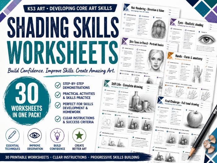 KS3 Art: Shading Skills Worksheets | 30 Printable Drawing & Pencil Technique Activities | Elements o