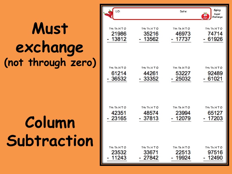 Subtraction worksheet with answers - 3 levels of differentiation KS2 Year 3 4 5 6 Must exchange