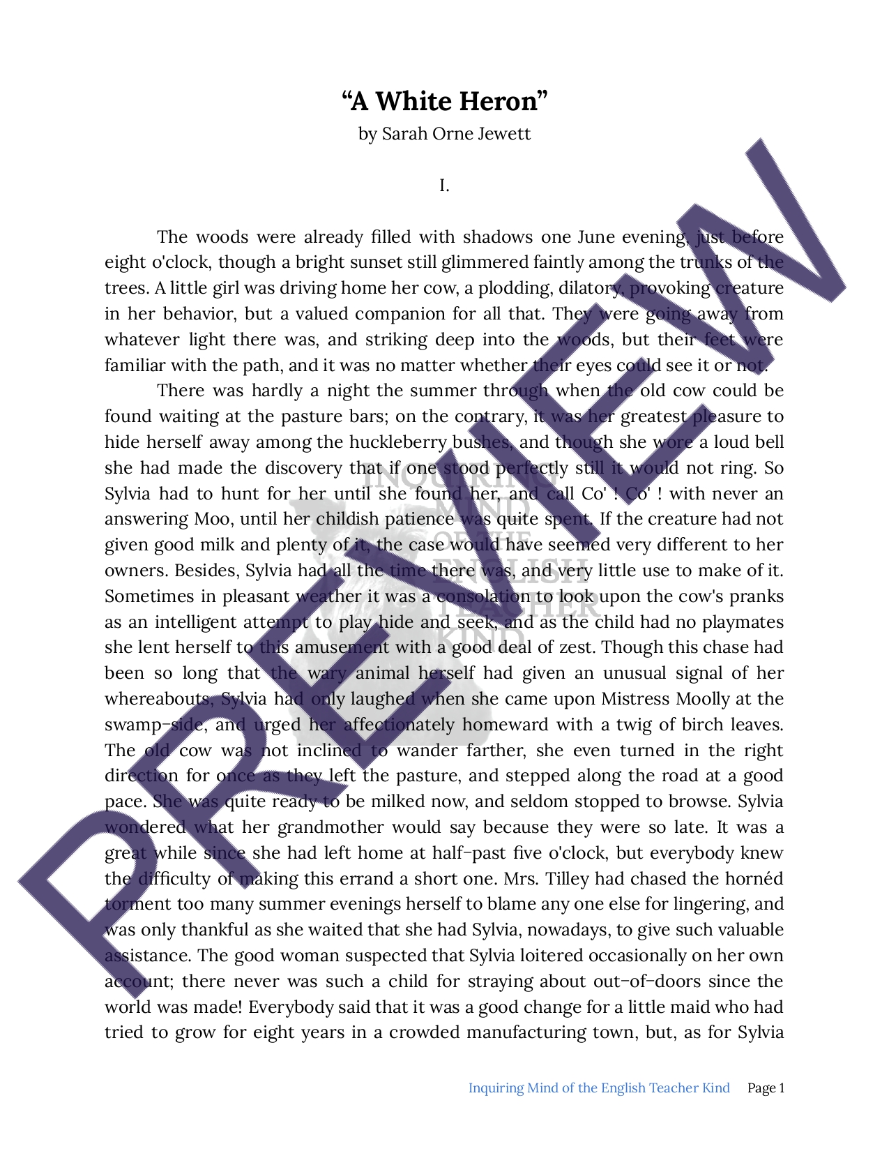 "A White Heron" by Sarah Orne Jewett Close Reading Worksheet | Teaching ...