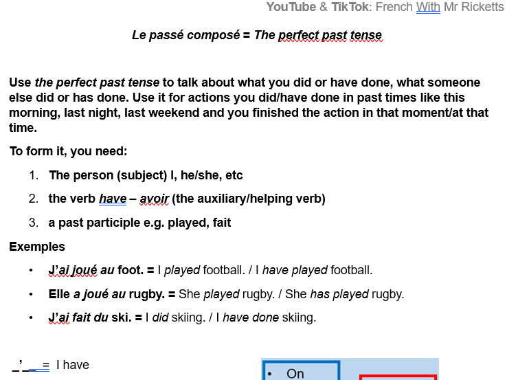 past tense - passé composé 1 mr ricketts. explanation. conjugation. phrases formation. translation.