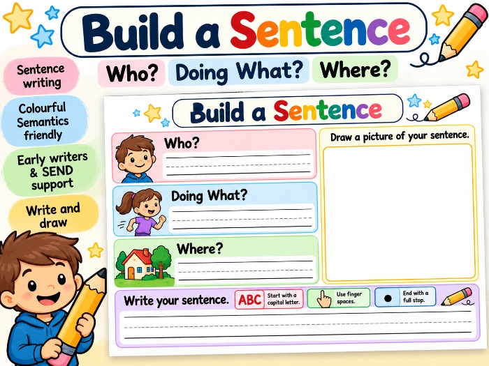 Build a Sentence: Who? Doing What? Where? | Sentence Writing & Colourful Semantics
