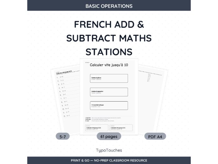 French Add & Subtract Maths Stations | 61 pp