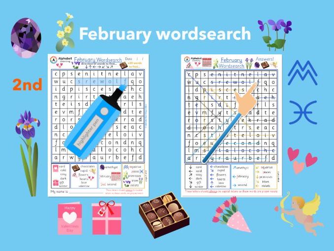 Wordsearch - February, x20 words to find