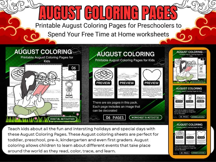 Printable August Coloring Pages for Kids School Activities and worksheet