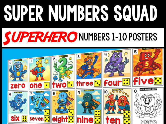 Super Numbers Squad | Numbers 1–10 Posters | Superhero Number Recognition Set