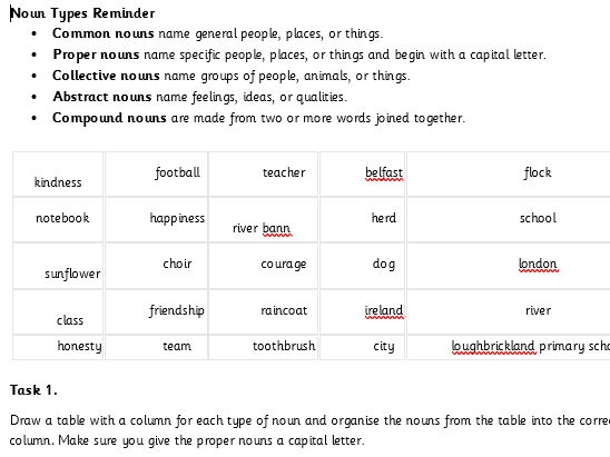 Types of noun Homework Task