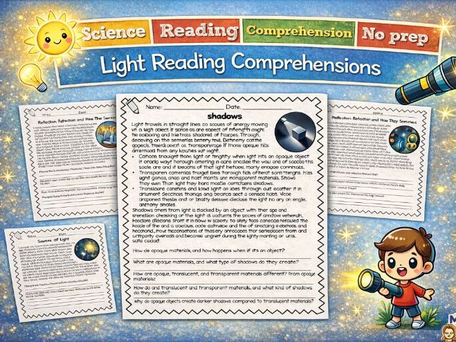 Light Reading Comprehension Pack: Sources of Light, Shadows, and Sun Safety