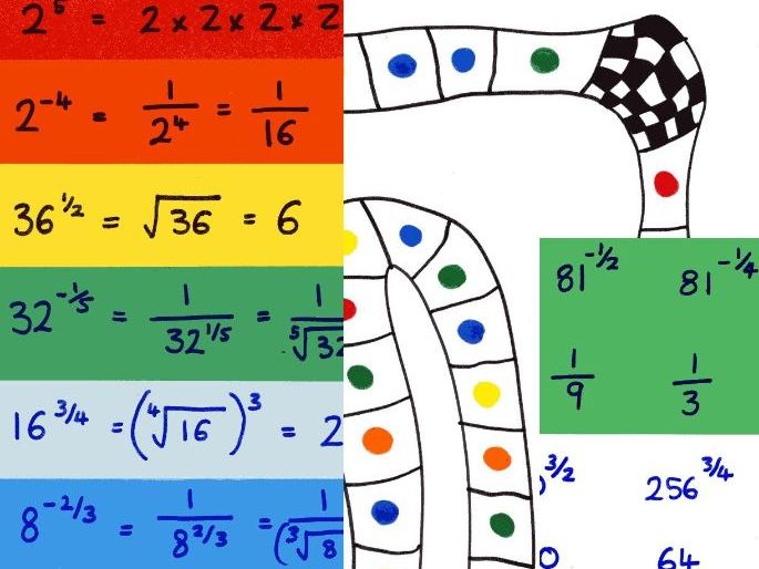 Fractional and negative indices matching cards and board game