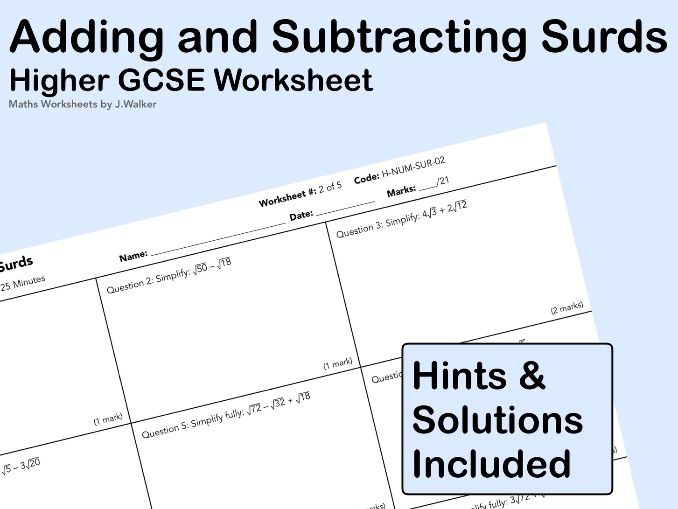 GCSE Maths Worksheet: Adding and Subtracting Surds - Higher Tier