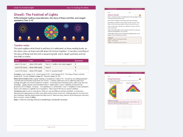 Diwali Reading Comprehension 3 Levels Y2–Y4