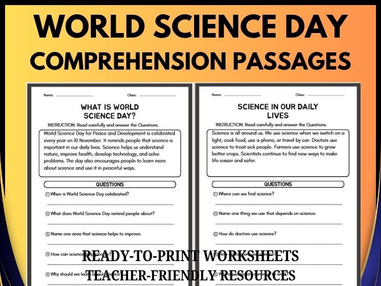 World Science Day Reading Comprehension Worksheets | 20 Passages & Questions Grades 2–8