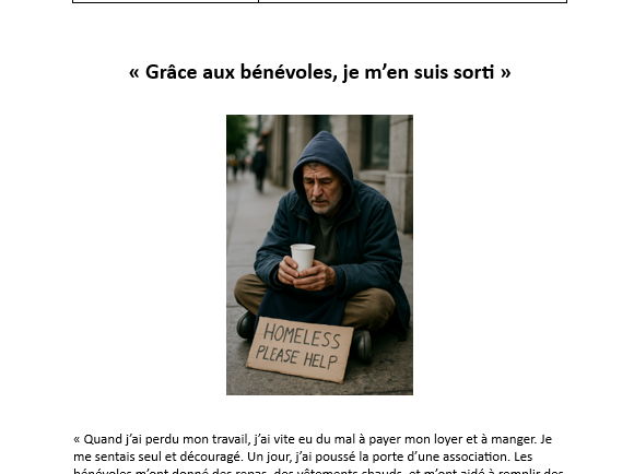 AQA French A Level stimulus card - « Grâce aux bénévoles, je m’en suis sorti »