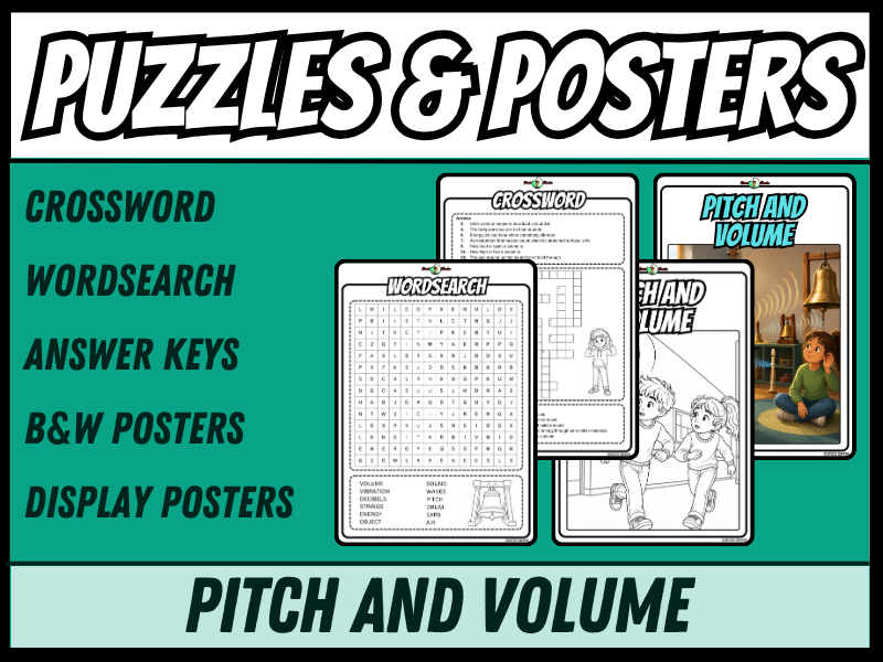 Pitch and Volume | Crossword, Wordsearch, Colouring Posters | Year 3&4