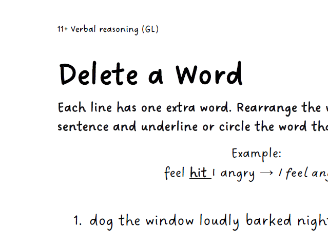 11+ Verbal Reasoning "Delete a word" worksheet